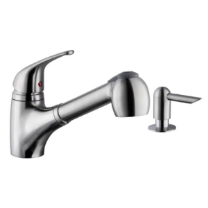Low Profile Single Handle Pull-Out Kitchen Faucet with Soap Dispenser in Brushed Nickel