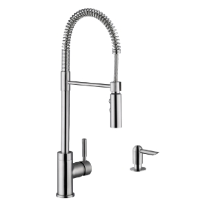 Industrial Single Handle Pull-Down Kitchen Faucet with Soap Dispenser in Brushed Nickel