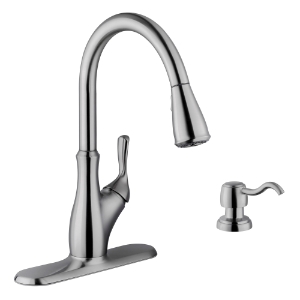 Transitional Single Handle Pull-Down Kitchen Faucet with Soap Dispenser in Brushed Nickel